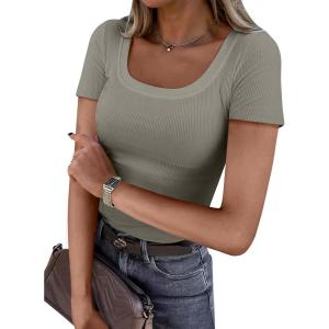 ANRABESS Women Short Sleeve Tops Scoop Neck Ribbed Knit Slim Fitted Basic Tee Shirts Casual Summer Clothes 2025 Fall Outfits(Sage Green)