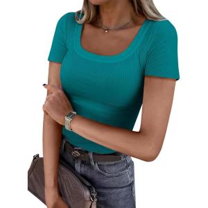 ANRABESS Women Short Sleeve Tops Scoop Neck Ribbed Knit Slim Fitted Basic Tee Shirts Casual Summer Clothes 2025 Fall Outfits(Teal)