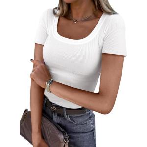 ANRABESS Women Short Sleeve Tops Scoop Neck Ribbed Knit Slim Fitted Basic Tee Shirts Casual Summer Clothes 2025 Fall Outfits(White)