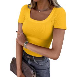 ANRABESS Women Short Sleeve Tops Scoop Neck Ribbed Knit Slim Fitted Basic Tee Shirts Casual Summer Clothes 2025 Fall Outfits(Yellow)