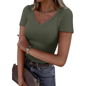 ANRABESS Women Short Sleeve V Neck Ribbed Knit Fitted Shirts Basic Tees Tops 2025 Summer Casual T-Shirts Going Out Outfits(Army Green)