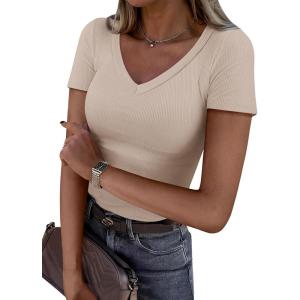 ANRABESS Women Short Sleeve V Neck Ribbed Knit Fitted Shirts Basic Tees Tops 2025 Summer Casual T-Shirts Going Out Outfits(Beige)