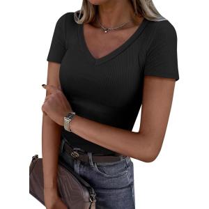 ANRABESS Women Short Sleeve V Neck Ribbed Knit Fitted Shirts Basic Tees Tops 2025 Summer Casual T-Shirts Going Out Outfits(Black)