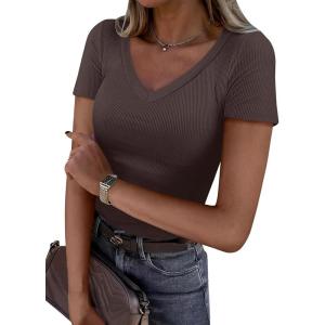 ANRABESS Women Short Sleeve V Neck Ribbed Knit Fitted Shirts Basic Tees Tops 2025 Summer Casual T-Shirts Going Out Outfits(Brown)