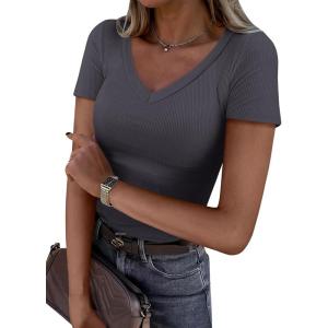 ANRABESS Women Short Sleeve V Neck Ribbed Knit Fitted Shirts Basic Tees Tops 2025 Summer Casual T-Shirts Going Out Outfits(Charcoal)