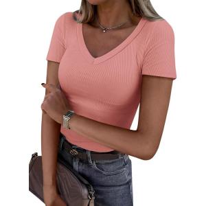 ANRABESS Women Short Sleeve V Neck Ribbed Knit Fitted Shirts Basic Tees Tops 2025 Summer Casual T-Shirts Going Out Outfits(Coral)