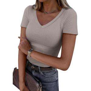 ANRABESS Women Short Sleeve V Neck Ribbed Knit Fitted Shirts Basic Tees Tops 2025 Summer Casual T-Shirts Going Out Outfits(Dark Khaki)