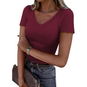 ANRABESS Women Short Sleeve V Neck Ribbed Knit Fitted Shirts Basic Tees Tops 2025 Summer Casual T-Shirts Going Out Outfits(Deep Red)