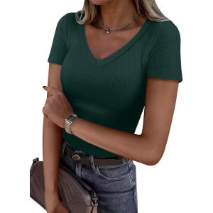 ANRABESS Women Short Sleeve V Neck Ribbed Knit Fitted Shirts Basic Tees Tops 2025 Summer Casual T-Shirts Going Out Outfits(Forest Green)