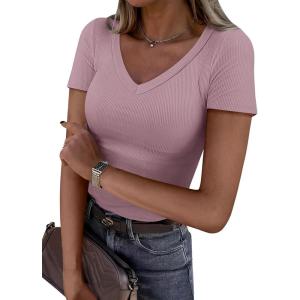 ANRABESS Women Short Sleeve V Neck Ribbed Knit Fitted Shirts Basic Tees Tops 2025 Summer Casual T-Shirts Going Out Outfits(Grey Pink)