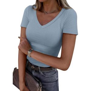 ANRABESS Women Short Sleeve V Neck Ribbed Knit Fitted Shirts Basic Tees Tops 2025 Summer Casual T-Shirts Going Out Outfits(Light Blue)