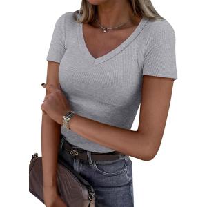 ANRABESS Women Short Sleeve V Neck Ribbed Knit Fitted Shirts Basic Tees Tops 2025 Summer Casual T-Shirts Going Out Outfits(Light Gray)