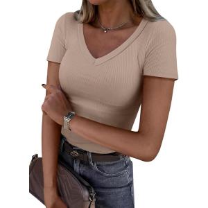 ANRABESS Women Short Sleeve V Neck Ribbed Knit Fitted Shirts Basic Tees Tops 2025 Summer Casual T-Shirts Going Out Outfits(Light Khaki)