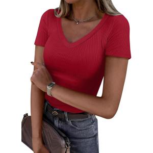 ANRABESS Women Short Sleeve V Neck Ribbed Knit Fitted Shirts Basic Tees Tops 2025 Summer Casual T-Shirts Going Out Outfits(Red)