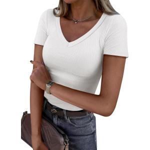 ANRABESS Women Short Sleeve V Neck Ribbed Knit Fitted Shirts Basic Tees Tops 2025 Summer Casual T-Shirts Going Out Outfits(White)