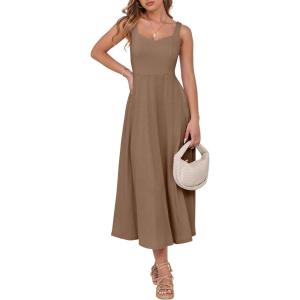 ANRABESS Women Summer Casual Dress Sleeveless Smocked Back Tank Midi Dresses 2025 Beach Vacation Sundress with Pockets(Khaki)