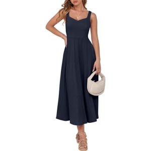 ANRABESS Women Summer Casual Dress Sleeveless Smocked Back Tank Midi Dresses 2025 Beach Vacation Sundress with Pockets(Navy Blue)