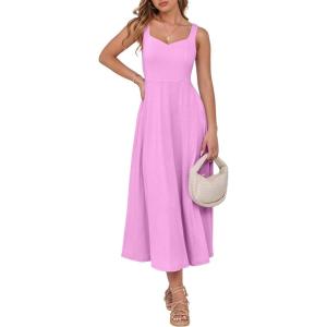 ANRABESS Women Summer Casual Dress Sleeveless Smocked Back Tank Midi Dresses 2025 Beach Vacation Sundress with Pockets(Pink)