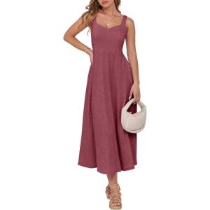 ANRABESS Women Summer Casual Dress Sleeveless Smocked Back Tank Midi Dresses 2025 Beach Vacation Sundress with Pockets(Red)