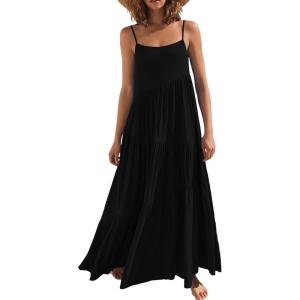 ANRABESS Women Summer Casual Loose Sleeveless Sundress Spaghetti Strap Flowy Boho Linen Beach Vacation Maxi Long Dress(Black)