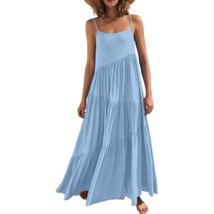 ANRABESS Women Summer Casual Loose Sleeveless Sundress Spaghetti Strap Flowy Boho Linen Beach Vacation Maxi Long Dress(Blue)