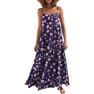 ANRABESS Women Summer Casual Loose Sleeveless Sundress Spaghetti Strap Flowy Boho Linen Beach Vacation Maxi Long Dress(Floral Navy Blue)