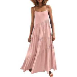 ANRABESS Women Summer Casual Loose Sleeveless Sundress Spaghetti Strap Flowy Boho Linen Beach Vacation Maxi Long Dress(Pink)
