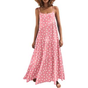ANRABESS Women Summer Casual Loose Sleeveless Sundress Spaghetti Strap Flowy Boho Linen Beach Vacation Maxi Long Dress(Print Dot Pink)