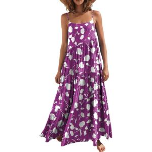 ANRABESS Women Summer Casual Loose Sleeveless Sundress Spaghetti Strap Flowy Boho Linen Beach Vacation Maxi Long Dress(Print Purple)
