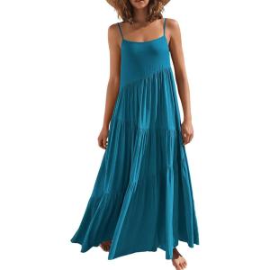 ANRABESS Women Summer Casual Loose Sleeveless Sundress Spaghetti Strap Flowy Boho Linen Beach Vacation Maxi Long Dress(Sea Blue)