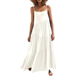 ANRABESS Women Summer Casual Loose Sleeveless Sundress Spaghetti Strap Flowy Boho Linen Beach Vacation Maxi Long Dress(White)