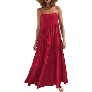 ANRABESS Women Summer Casual Loose Sleeveless Sundress Spaghetti Strap Flowy Boho Linen Beach Vacation Maxi Long Dress(Wine Red)