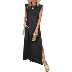 ANRABESS Women Summer Casual Sleeveless Maxi Dress 2026 Crewneck Loose Split Wrinkle-Free Beach Travel Vacation Long Sundress(Black)