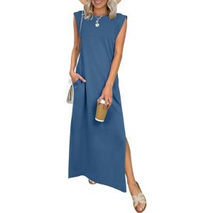 ANRABESS Women Summer Casual Sleeveless Maxi Dress 2026 Crewneck Loose Split Wrinkle-Free Beach Travel Vacation Long Sundress(Deep Blue)