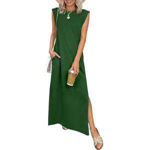 ANRABESS Women Summer Casual Sleeveless Maxi Dress 2026 Crewneck Loose Split Wrinkle-Free Beach Travel Vacation Long Sundress(Forest Green)
