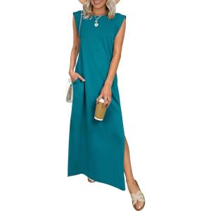 ANRABESS Women Summer Casual Sleeveless Maxi Dress 2026 Crewneck Loose Split Wrinkle-Free Beach Travel Vacation Long Sundress(Lake Blue)