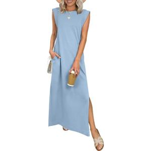 ANRABESS Women Summer Casual Sleeveless Maxi Dress 2026 Crewneck Loose Split Wrinkle-Free Beach Travel Vacation Long Sundress(Light Blue)