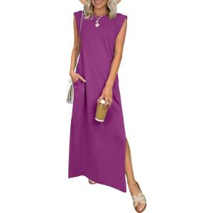 ANRABESS Women Summer Casual Sleeveless Maxi Dress 2026 Crewneck Loose Split Wrinkle-Free Beach Travel Vacation Long Sundress(Purple Red)