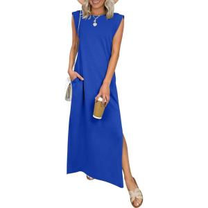 ANRABESS Women Summer Casual Sleeveless Maxi Dress 2026 Crewneck Loose Split Wrinkle-Free Beach Travel Vacation Long Sundress(Royal Blue)