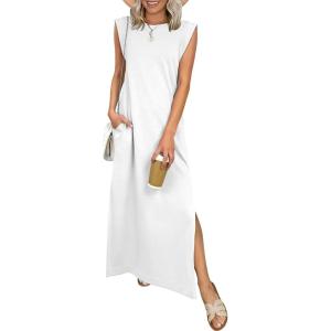 ANRABESS Women Summer Casual Sleeveless Maxi Dress 2026 Crewneck Loose Split Wrinkle-Free Beach Travel Vacation Long Sundress(White)