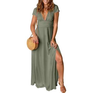 ANRABESS Women Summer Deep V Neck Short Sleeve Dresses Slit Elegant Wedding Guest Formal Cocktail Evening Maxi Long Dress(Army Green)