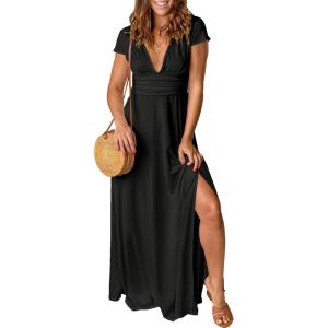 ANRABESS Women Summer Deep V Neck Short Sleeve Dresses Slit Elegant Wedding Guest Formal Cocktail Evening Maxi Long Dress(Black)