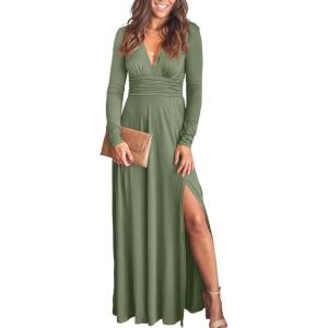 ANRABESS Women Summer Deep V Neck Short Sleeve Dresses Slit Elegant Wedding Guest Formal Cocktail Evening Maxi Long Dress(Z-army Green)