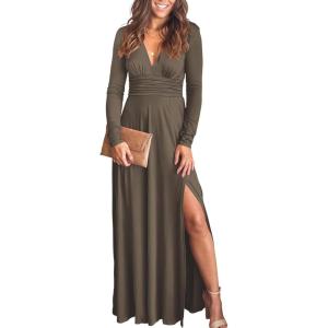 ANRABESS Women Summer Deep V Neck Short Sleeve Dresses Slit Elegant Wedding Guest Formal Cocktail Evening Maxi Long Dress(Z-brown)