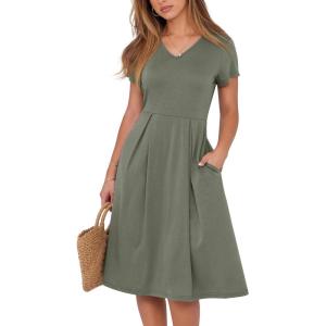 ANRABESS Women Summer Dress Casual Short Sleeve V Neck A-Line Knee Length Pleated Flowy 2025 Fashion Midi Dresses with Pocket(Army Green)