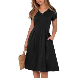 ANRABESS Women Summer Dress Casual Short Sleeve V Neck A-Line Knee Length Pleated Flowy 2025 Fashion Midi Dresses with Pocket(Black)