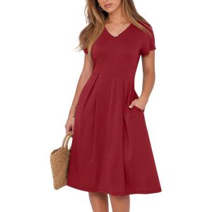 ANRABESS Women Summer Dress Casual Short Sleeve V Neck A-Line Knee Length Pleated Flowy 2025 Fashion Midi Dresses with Pocket(Burgundy)