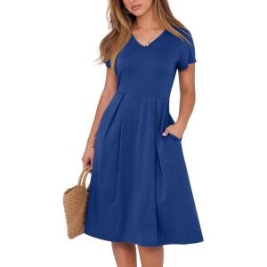 ANRABESS Women Summer Dress Casual Short Sleeve V Neck A-Line Knee Length Pleated Flowy 2025 Fashion Midi Dresses with Pocket(Dark Blue)