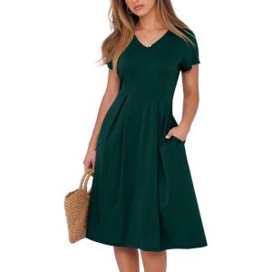 ANRABESS Women Summer Dress Casual Short Sleeve V Neck A-Line Knee Length Pleated Flowy 2025 Fashion Midi Dresses with Pocket(Dark Green)