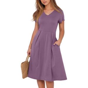 ANRABESS Women Summer Dress Casual Short Sleeve V Neck A-Line Knee Length Pleated Flowy 2025 Fashion Midi Dresses with Pocket(Dark Purple)
